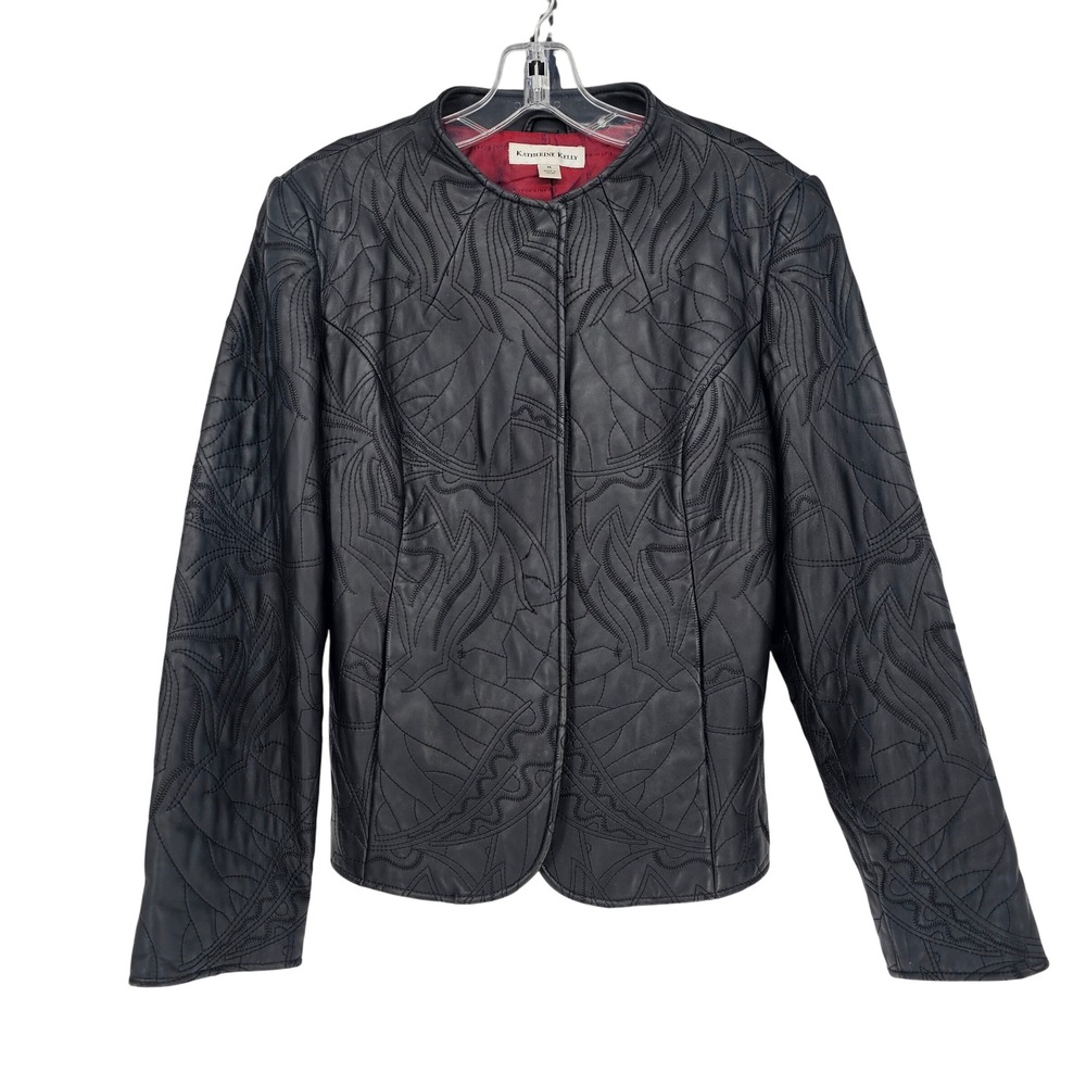 Katherine Kelly‎ Lambskin Leather Quilted Embroidered Jacket M Black Chic Baddie